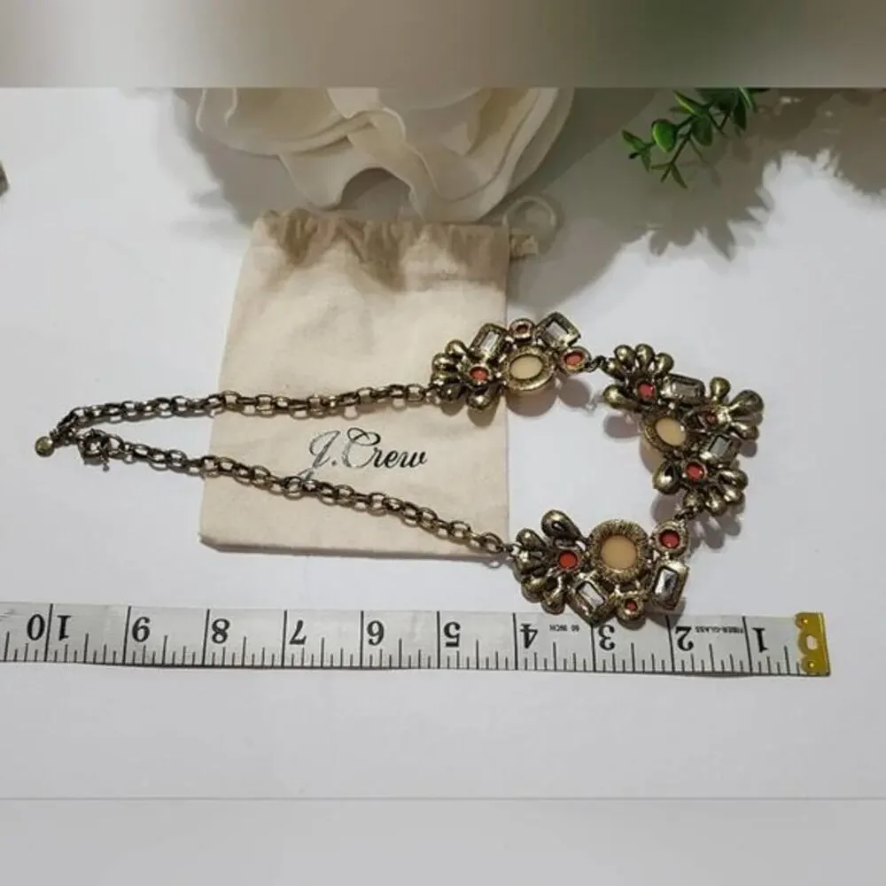 J. Crew Statement Bib Necklace‎ Coral Cream Crystal Gold Tone with Dust Bag